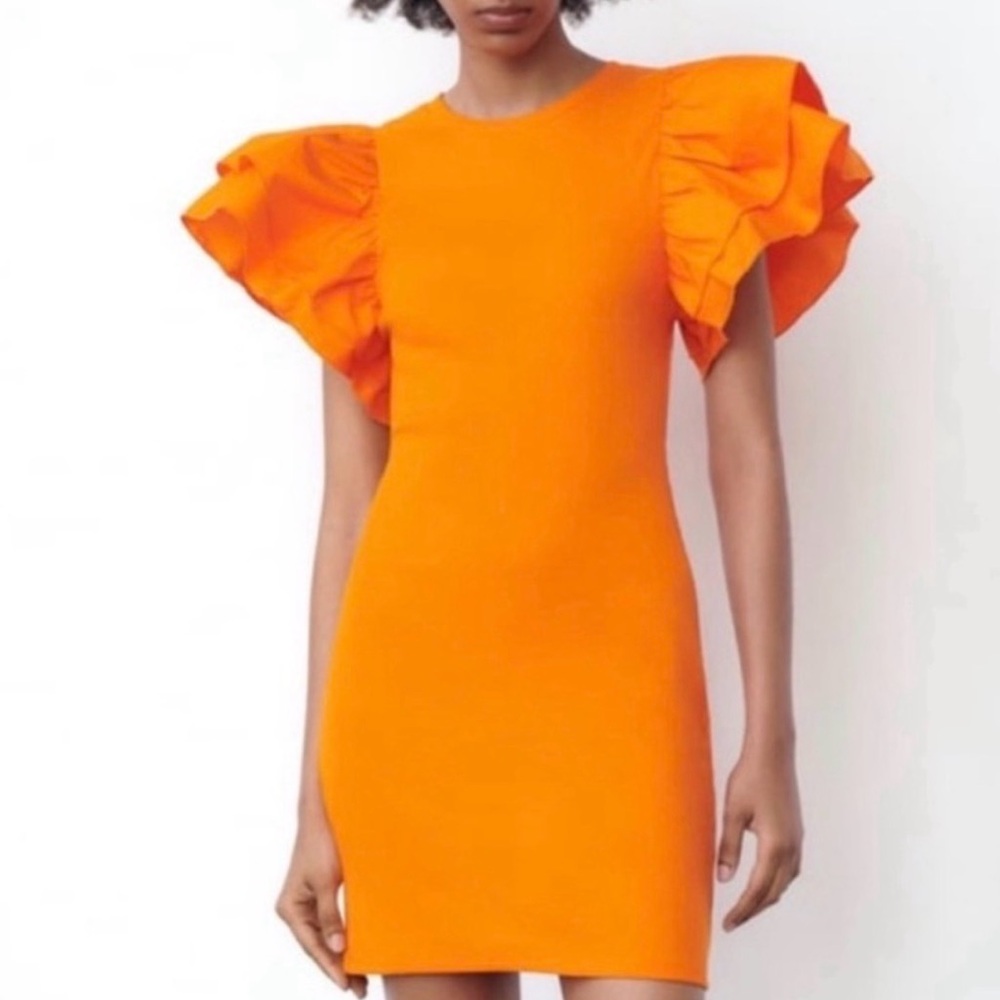 Zara Bold Orange Mini Dress with Ruffle Sleeves